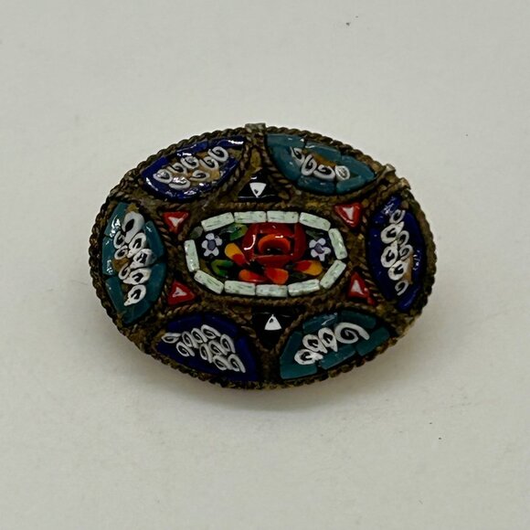Vintage IMicro Mosaic Oval Brooch Floral  Gold-Tone C-Clasp Made in Italy - Picture 8 of 16